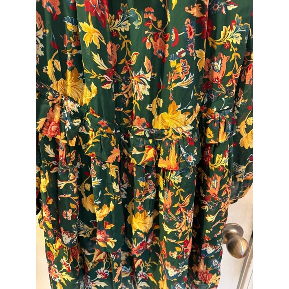 NWT Frye Green Botanical Floral Dress Sz S Peasant Ruffles Tiered Tassles Boho * - Picture 10 of 12